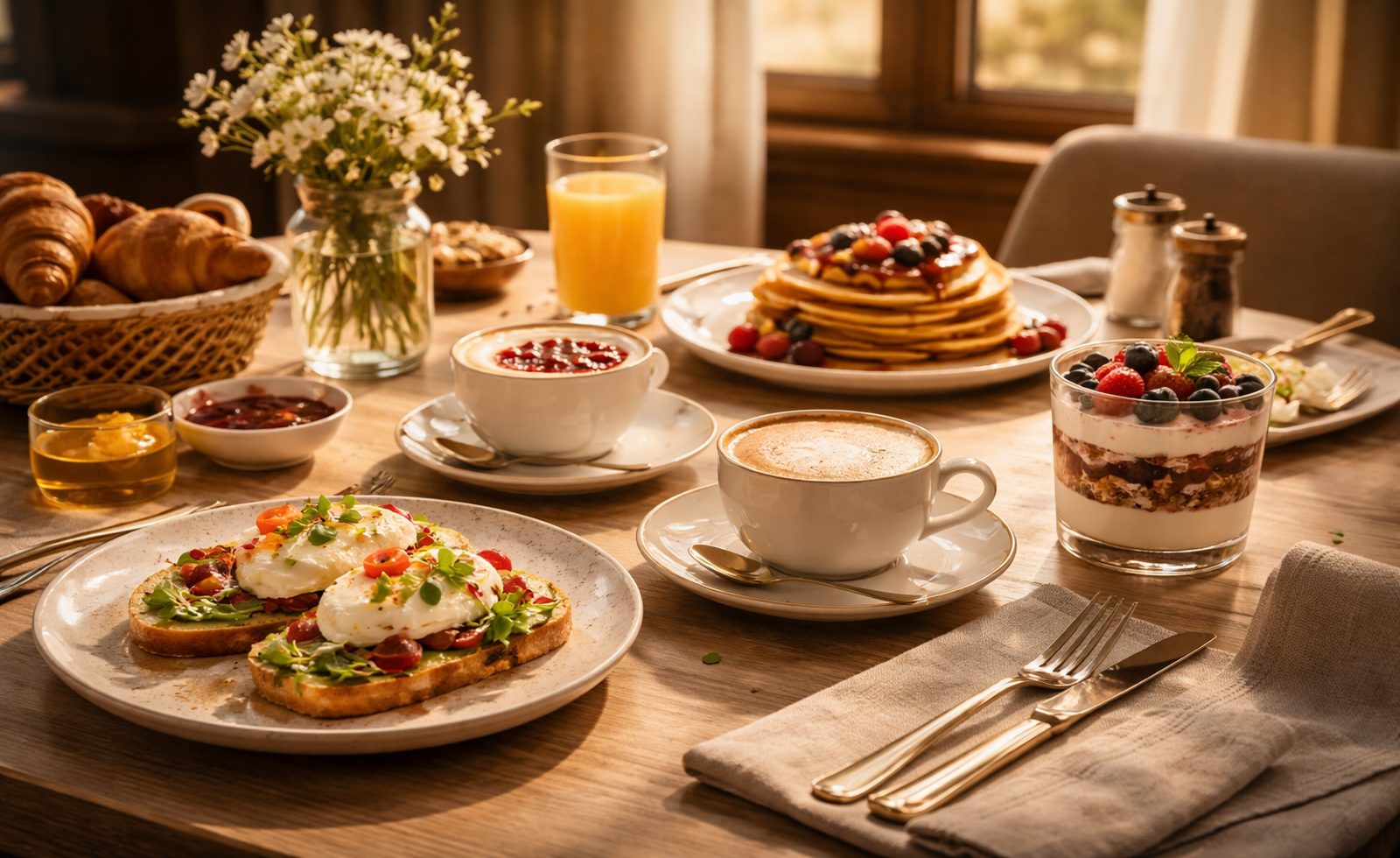Verfijnde brunchtafel met cappuccino en desserts